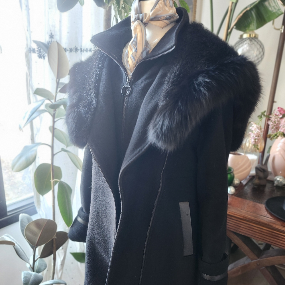 SAGA 80s 90s VINTAGE Elegant Black Fox Fur-Trimmed Women's Coat Cashmere WOOL Lg - Picture 13 of 16